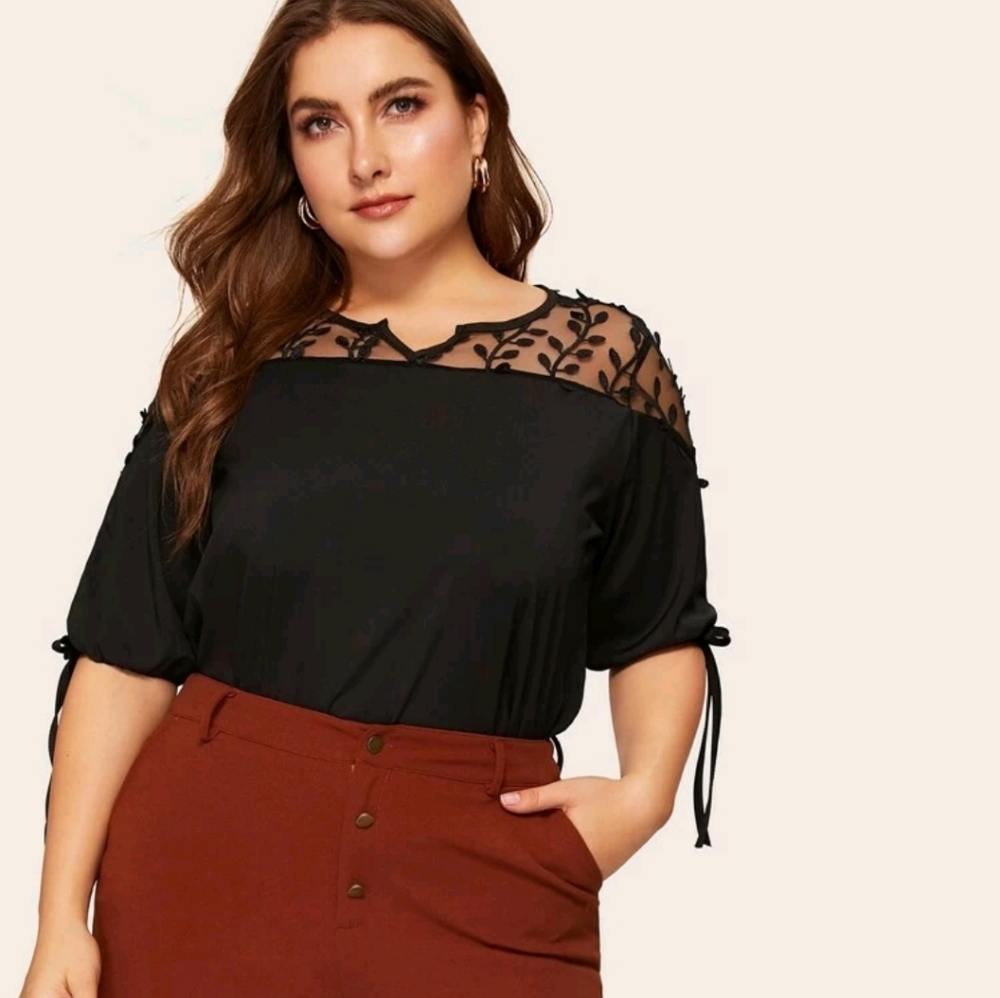 Contrast Mesh Self Tie Blouse